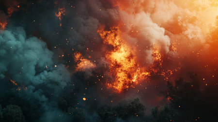 High-resolution close-up of a fire engulfing a forest, with thick smoke and bright flames creating a dramatic and impactful scene.の素材