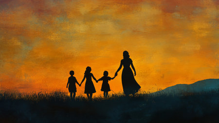 Silhouette of a happy family of four holding hands against a sunset background, capturing a sense of togetherness and warmth.の素材