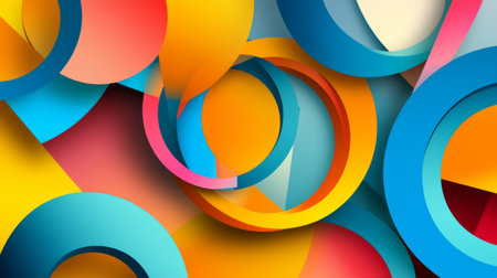 Abstract geometric shapes in vibrant colors, overlapping and forming a modern, dynamic design with shadows and depth on a minimalist backgroundの素材