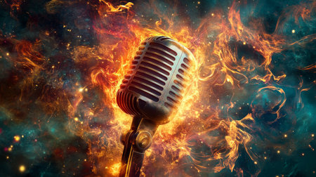 An abstract image of a microphone with swirling colors and lights, creating a vibrant atmosphere that symbolizes energy and creativity in musicの素材