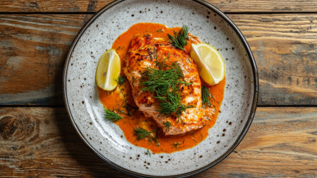 A beautifully plated dish of seared salmon fillet with a crispy skin, garnished with fresh dill and lemon wedges, served on a rustic wooden tableの素材