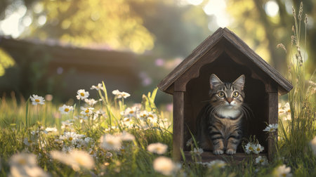 A charming cat house designed like a small cabin, complete with a porch and flowers, set against a backdrop of tall grass and treesの素材