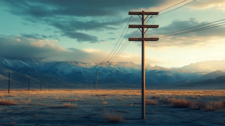 An isolated utility pole in a barren landscape, emphasizing its role in providing power amidst a vast, open environment with dramatic lightingの素材