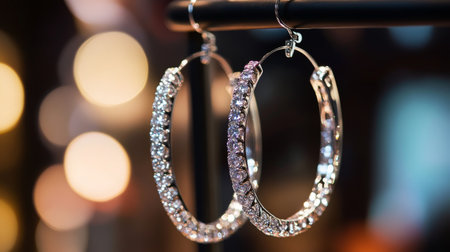 A captivating image of hoop diamond earrings hanging gracefully from a jewelry stand, illuminated by soft lighting to emphasize their exquisite sparkleの素材