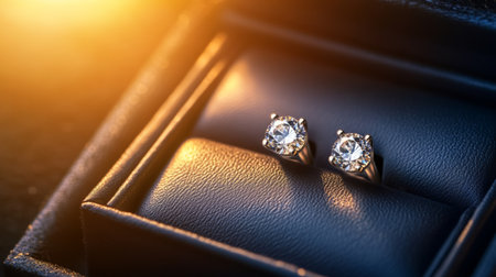 A beautiful image of diamond earrings nestled in a luxurious jewelry box, with soft lighting that accentuates their sparkle and showcases their eleganceの素材