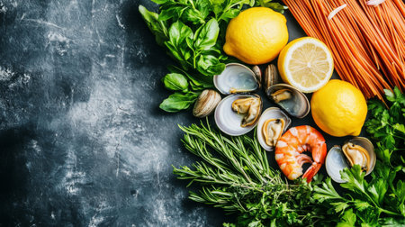 A beautifully plated seafood pasta with fresh clams, shrimp, and herbs, garnished with lemon slices, showcasing the coastal flavors of Italian cuisineの素材