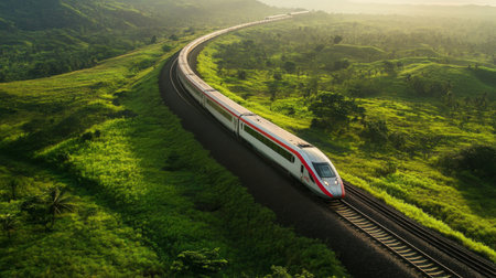 An aerial view of a high-speed train traversing through a lush green landscape, with winding tracks and vibrant colors, showcasing the beauty of rail travelの素材