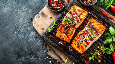 A close-up of a salmon fillet cooking on a grill, with grill marks and herbs, showcasing the process of preparing this popular seafood dish outdoorsの素材