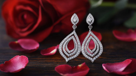A beautiful pair of dangling diamond earrings featuring intricate designs, surrounded by delicate rose petals, creating a romantic and elegant atmosphereの素材