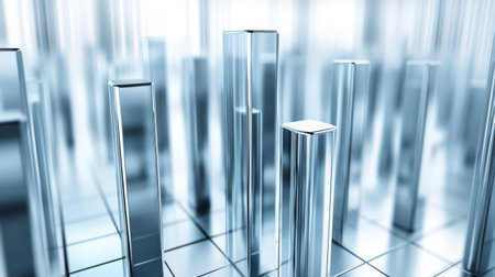 Group of metallic D bars of varying heights on a digital grid, with shadows adding depth against a light backgroundの素材