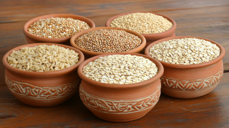 Variety of whole grains like quinoa, barley, and oats arranged in small bowls on a rustic wooden table, showing rich textures and earthy tonesの素材