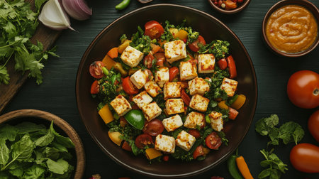 An artistic shot of a plate of paneer tikka, marinated and grilled, served with fresh vegetables and a side of mint chutney, creating a colorful display.の素材