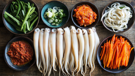An artistic arrangement of ingredients for Korean spicy squid, including fresh squid, chili paste, and vegetables, beautifully displayed on a rustic wooden table.の素材