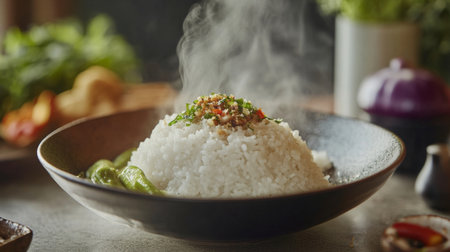 An artistic shot of white rice presented in a polished bowl, with steam gently rising and colorful ingredients surrounding it for a vibrant culinary scene.の素材