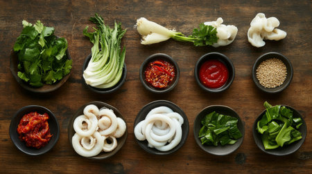 An artistic arrangement of ingredients for Korean spicy squid, including fresh squid, chili paste, and vegetables, beautifully displayed on a rustic wooden table.の素材