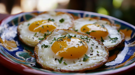 An artistic shot of fried eggs garnished with fresh herbs, placed on a colorful ceramic plate, emphasizing their golden yolks and inviting appearance.の素材
