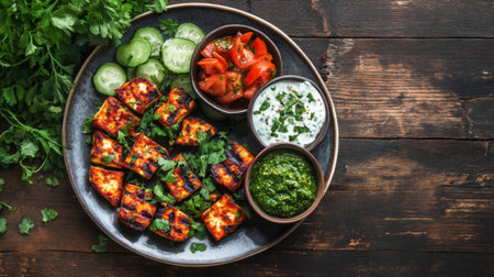 An artistic shot of a plate of paneer tikka, marinated and grilled, served with fresh vegetables and a side of mint chutney, creating a colorful display.の素材