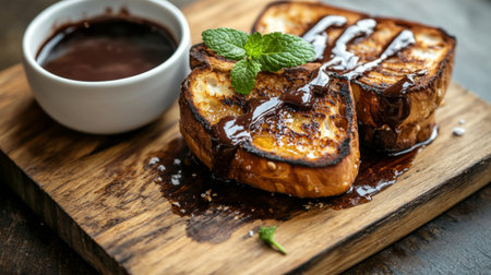 An artistic shot of honey toast served on a rustic wooden board, garnished with a sprig of mint and a side of rich chocolate sauce for dipping.の素材