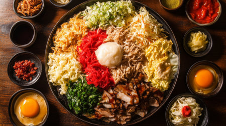 An artistic arrangement of okonomiyaki ingredients, including cabbage, pork, and batter, displayed on a wooden table, highlighting the fresh and vibrant components.の素材