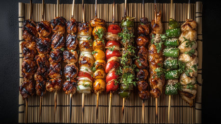 An artistic arrangement of various yakitori skewers on a bamboo mat, showcasing a mix of chicken and vegetable options, emphasizing the variety and freshness.の素材