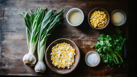 An artistic arrangement of ingredients for hot cheese corn, including fresh corn, cheese, and spices, beautifully displayed on a rustic wooden board.の素材