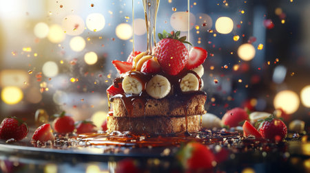 An artistic shot of honey toast with a thick layer of Nutella, topped with sliced strawberries and bananas, drizzled with honey for a chocolatey delight.の素材
