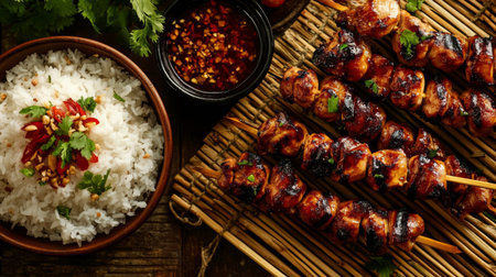 An artistic arrangement of Thai street food, including grilled chicken skewers, sticky rice, and spicy dipping sauce, presented on a bamboo mat for a traditional feel.の素材