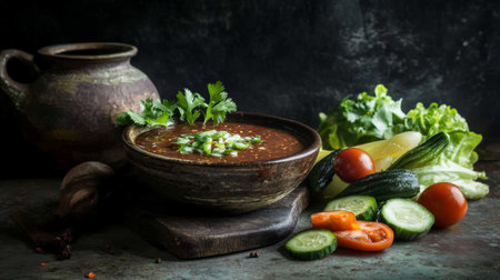 An artistic shot of a traditional Thai chili dip served in a rustic bowl, with an array of fresh vegetables for dipping, highlighting the colorful and appetizing presentation.の素材