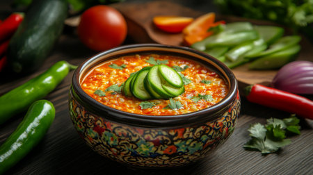 An artistic shot of chili dip in a traditional ceramic bowl, garnished with sliced green chilies and served with a variety of fresh vegetables for dipping.の素材