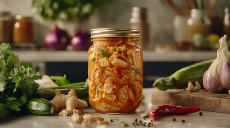 An artistic shot of a jar of kimchi fermenting on a kitchen counter, surrounded by fresh vegetables and spices, highlighting the traditional preparation process.の素材