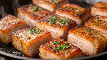 An artistic shot of pork belly slices sizzling in a pan, with golden-brown edges and aromatic herbs, highlighting the cooking process and delicious aromas.の素材