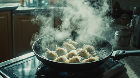 An artistic shot of gyoza cooking in a pan, with steam rising and the aroma of fresh ingredients filling the air, emphasizing the cooking process and flavors.の素材