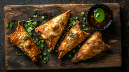 An artistic arrangement of samosas on a rustic wooden board, filled with spiced potatoes and peas, served with mint chutney and tamarind sauce.の素材