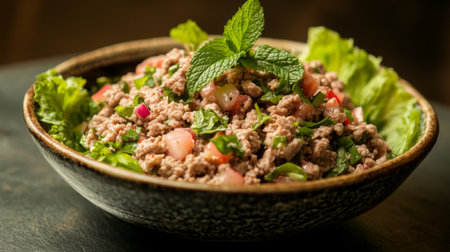 An artistic shot of a bowl of Larb, a spicy minced meat salad, garnished with fresh mint and served with crispy lettuce leaves for a fresh and vibrant look.の素材