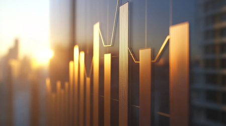 A D bar chart with rising, metallic bars in gradient shades, symbolizing growth and performance in a sleek, futuristic environmentの素材