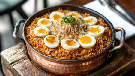 An artistic presentation of biryani served in a copper pot, with fragrant rice layered with spices and garnished with fried onions and boiled eggs.の素材