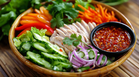 An artistic shot of Khao Mok Gai served in a traditional bowl, with a side of spicy dipping sauce and fresh vegetables, highlighting its vibrant colors and textures.の素材