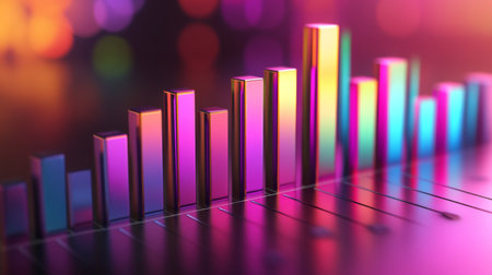 A D bar chart with rising, metallic bars in gradient shades, symbolizing growth and performance in a sleek, futuristic environmentの素材