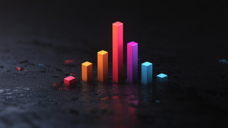 A D-rendered bar graph with rising colorful bars, symbolizing growth in market trends, with a dark and minimalistic background for contrastの素材