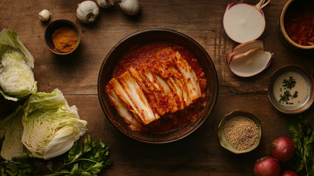 An artistic shot of kimchi being prepared, featuring ingredients like napa cabbage, radish, and spices, beautifully arranged on a rustic wooden table.の素材