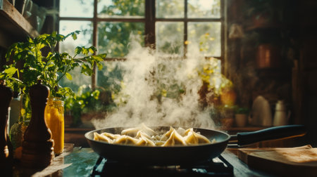 An artistic shot of gyoza cooking in a pan, with steam rising and the aroma of fresh ingredients filling the air, emphasizing the cooking process and flavors.の素材
