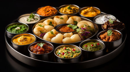 An artistic shot of pani puri arranged in a traditional Indian serving dish, surrounded by bowls of various chutneys and garnishes, highlighting the vibrant colors.の素材