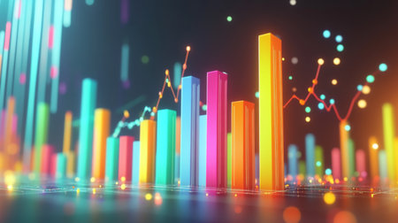A D financial bar chart with sharp, colorful bars in an upward trend, surrounded by glowing lights and digital data pointsの素材