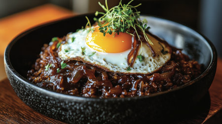 An inviting display of a beef rice dish topped with caramelized onions and a fried egg, garnished with fresh herbs, creating a hearty and delicious meal.の素材