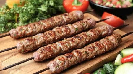 An outdoor scene of kebabs skewered and ready for grilling, arranged on a wooden table surrounded by fresh vegetables and spices for an inviting feel.の素材