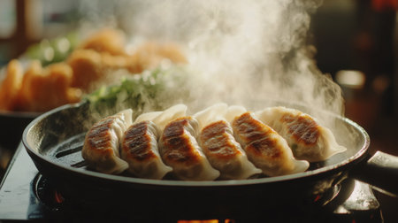 An artistic shot of gyoza cooking in a pan, with steam rising and the aroma of fresh ingredients filling the air, emphasizing the cooking process and flavors.の素材