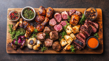 An overhead shot of neatly arranged fresh meat cuts on a wooden board, with a variety of spices and herbs scattered around for a rustic culinary aesthetic.の素材