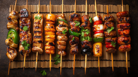 An artistic arrangement of various yakitori skewers on a bamboo mat, showcasing a mix of chicken and vegetable options, emphasizing the variety and freshness.の素材