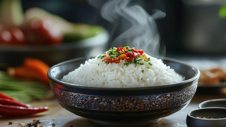 An artistic shot of white rice presented in a polished bowl, with steam gently rising and colorful ingredients surrounding it for a vibrant culinary scene.の素材