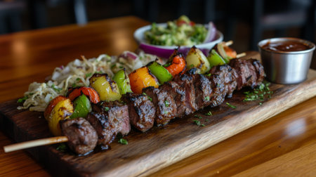 An artistic arrangement of colorful skewers, featuring chunks of beef, bell peppers, and onions, placed on a wooden board with a side of dipping sauce.の素材